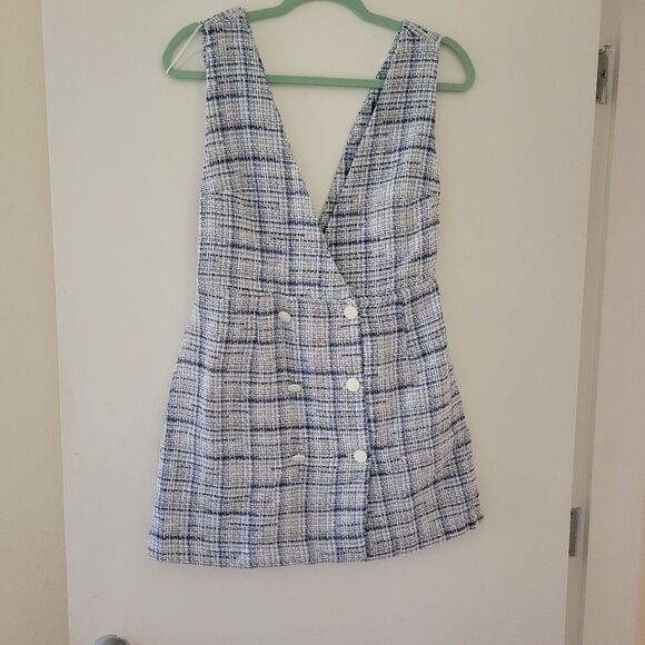 Zara Checked Pinafore Blue Tweed Dress Size Medium - Picture 5 of 9